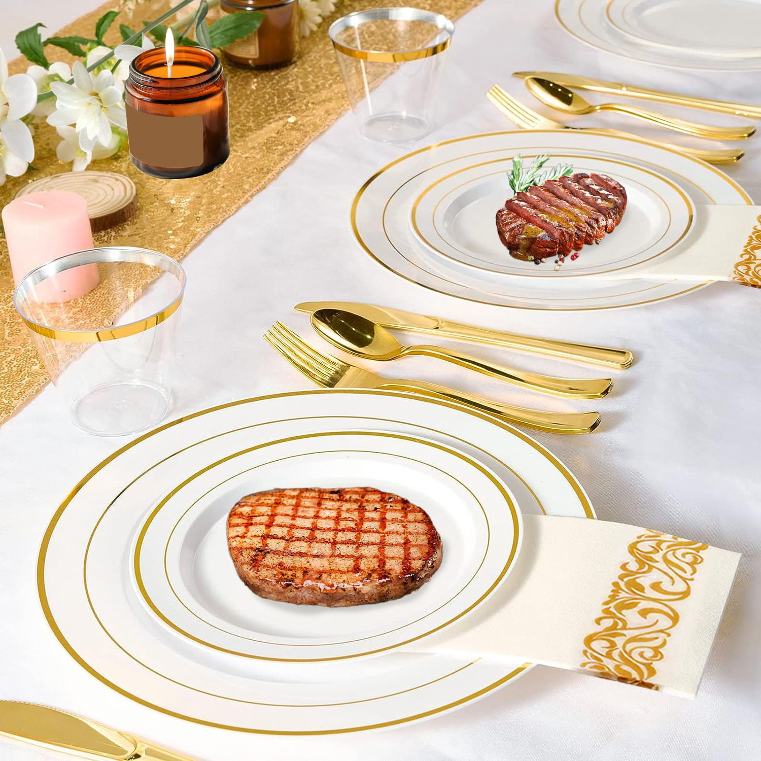175Pcs Gold Plastic Dinnerware Set Disposable Plates Cups Cutlery for Wedding Party Halloween Thanksgiving