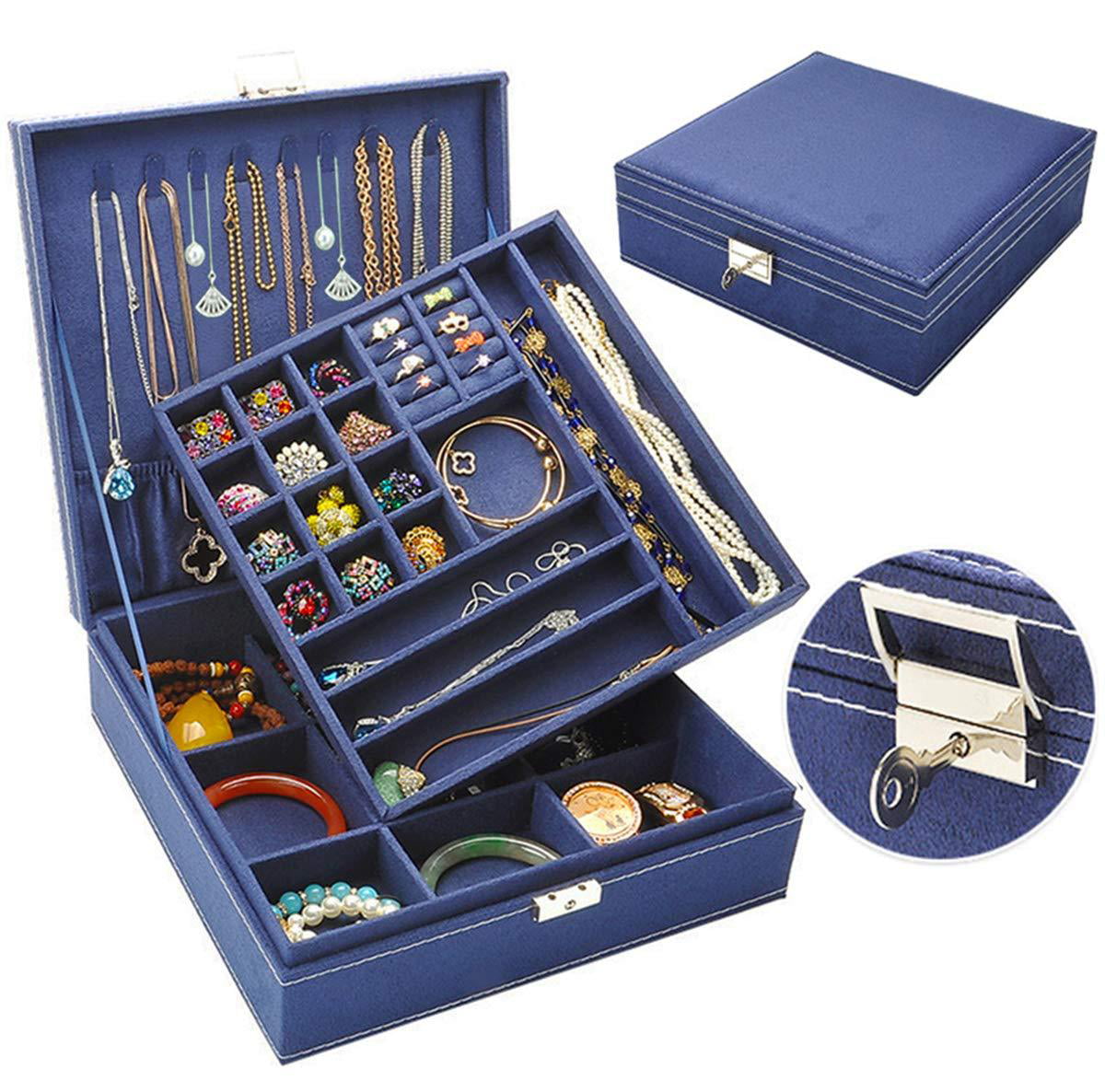 Double Layer 36 Compartments Necklace Jewelry Organizer with Lock Jewelry Holder for Earrings Bracelets Rings Double Layer-Sky Blue Jewelry Box for Women