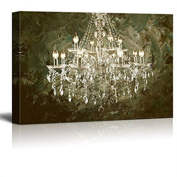 wall26 Canvas Print Wall Art Brown Crystal Chandelier on Green Paint Strokes Decorative Lights Digital Art Modern Art Chic Relax/Calm Multicolor for Living Room, Bedroom, Office - 24"x36"
