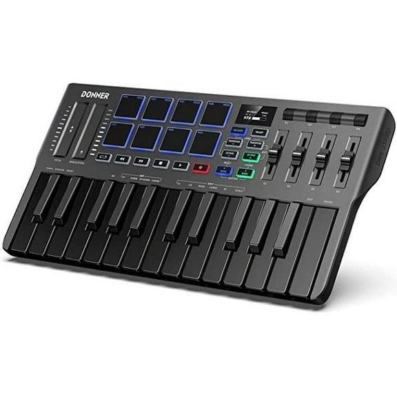 Donner DMK 25 Pro MIDI Keyboard Controller, 25 Key Portable MIDI with 8 Backlit Drum, OLED Screen Display,  with 40 Free Courses, Melodics, Black