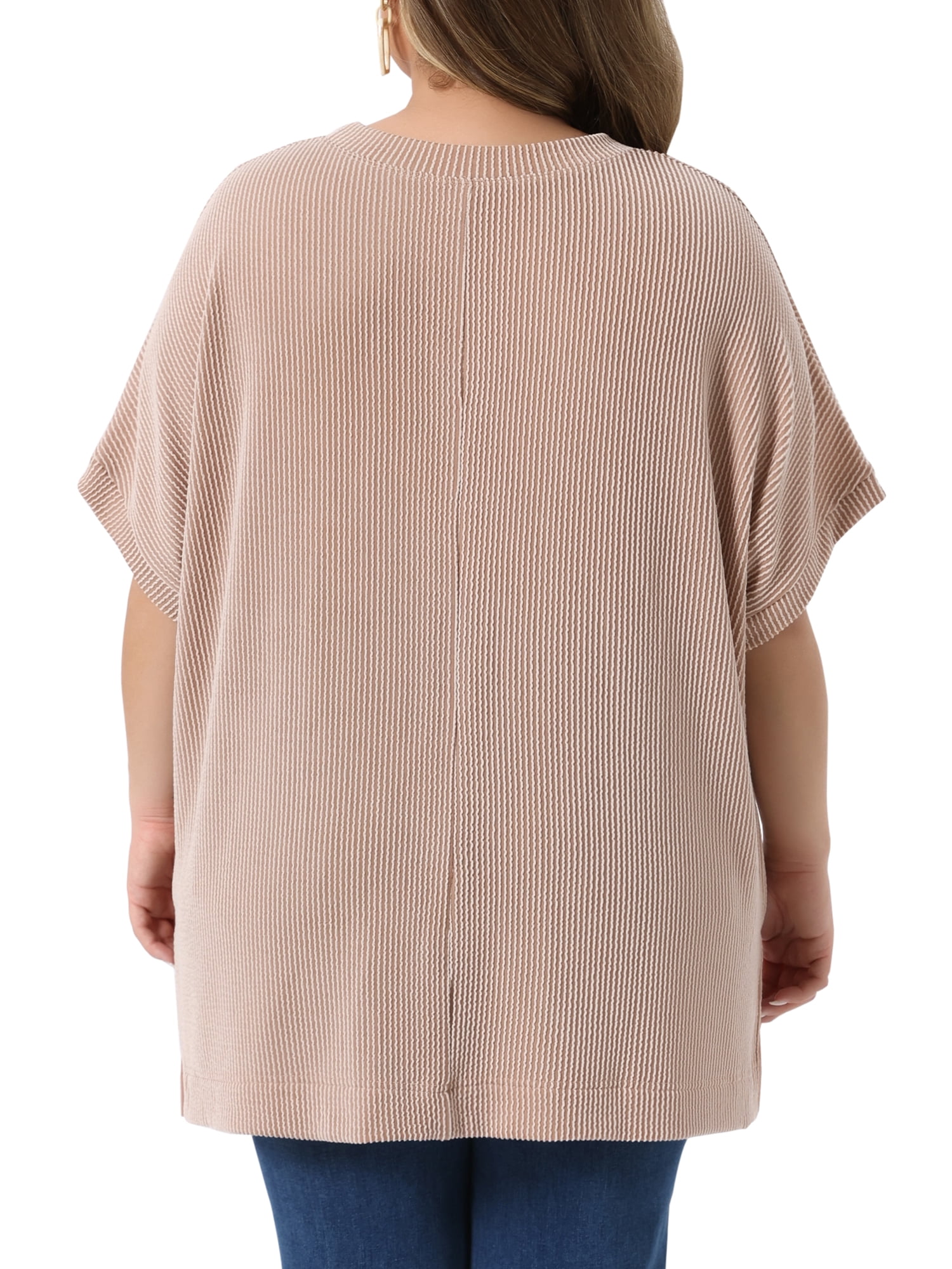 DARING DIVA Women's Plus Crew Neck Loose Fit Striped Summer Blouse 1X Khaki