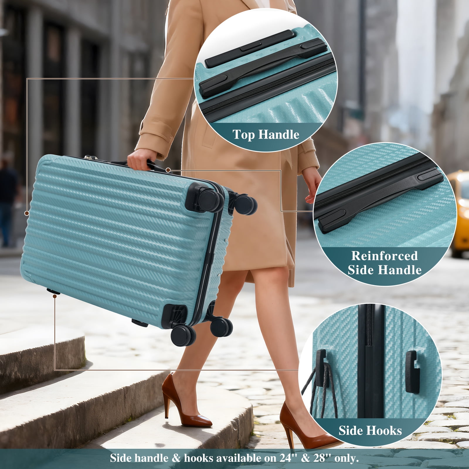 6-Piece Luggage Set, Durable Hardshell ABS Suitcase with Spinner Wheels, TSA Lock, Side Hooks, Lightweight Carry-On & Checked Luggage