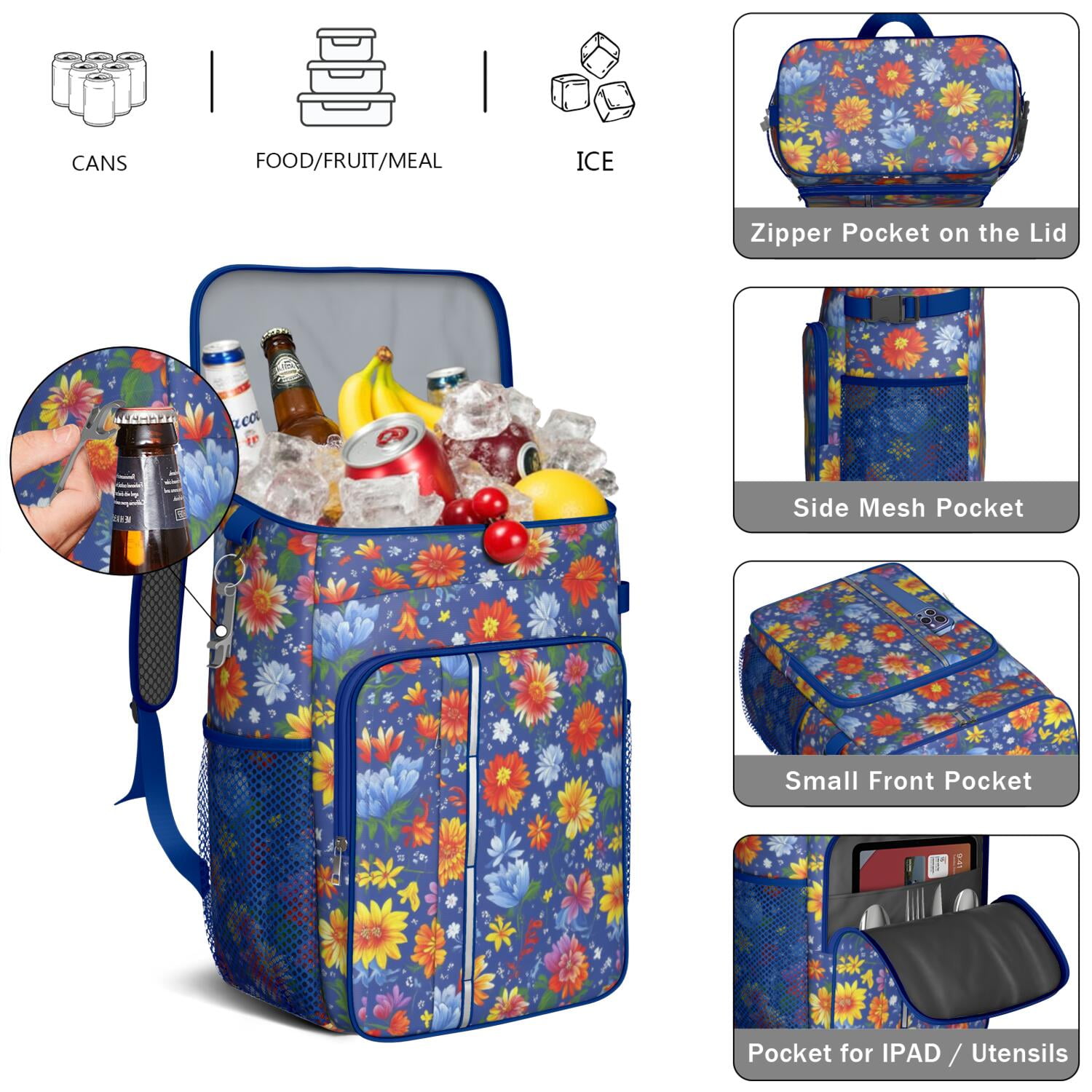 Travel Cooler Bag - Pioneer Flower Camping Beer Cooler Backpack with Bottle Opener- Waterproof Insulated Picnic Backpacks - Cooler Bag for Beach