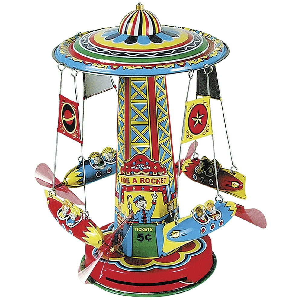 Retro Rocket Ride Tin Whirling Carousel Toy Spinning Propellers Battery