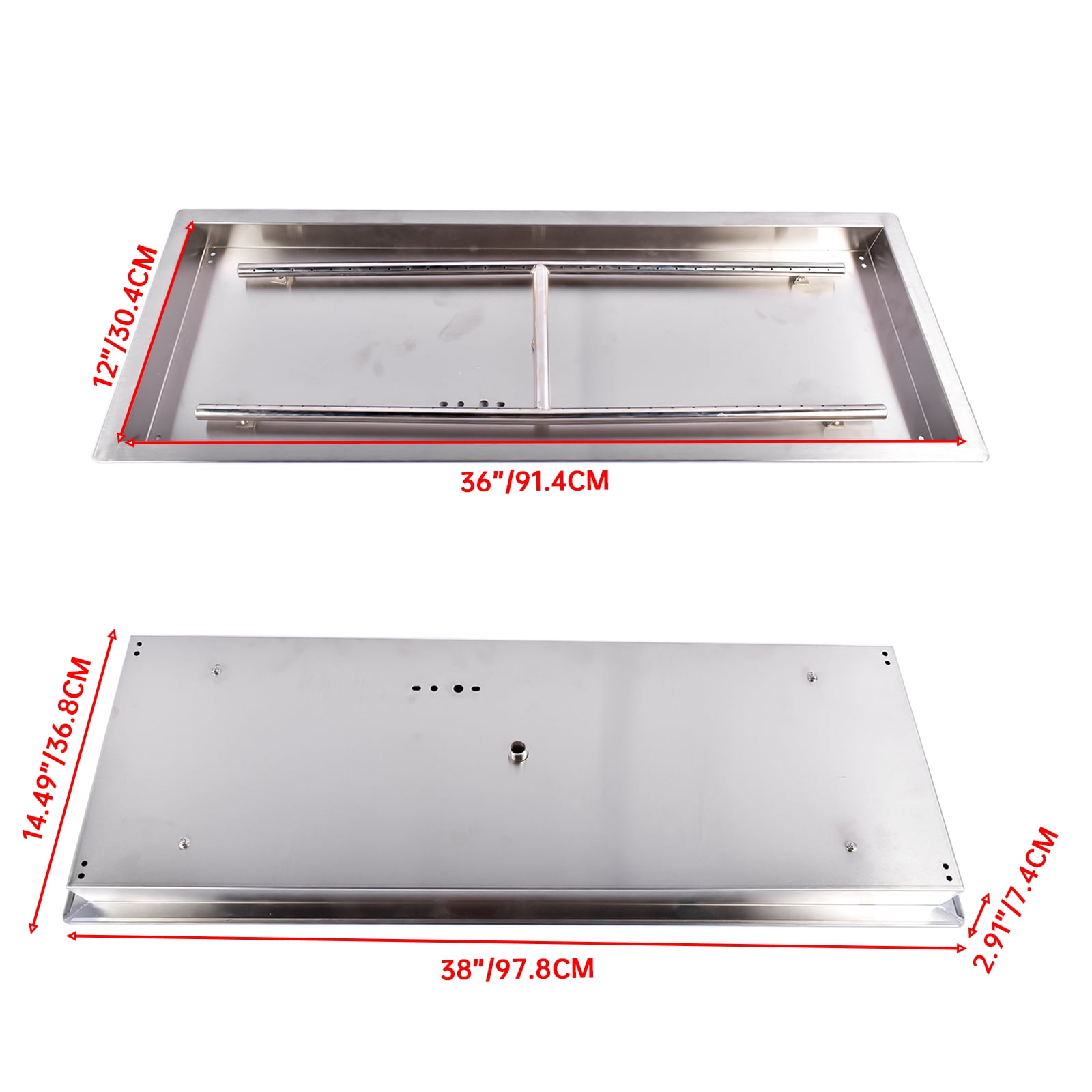 GELUOXI 36 x 12 inch Drop-in Fire Pit Pan, Rectangular Stainless Steel Fire Pit Burner Kit, Propane Gas Fire Pan 150,000 BTU with H-Burner for Indoor or Outdoor Use
