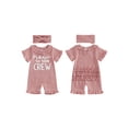thumbnail image 2 of BemeyourBBs Newborn Baby Girl Summer Clothes Hospital Going Home Outfit Baby Girl New To The Crew Romper Letter Embroidered Short Sleeve Waffle Knit Ruffle Jumpsuit Shorts Headband, 2 of 9