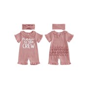 BemeyourBBs Newborn Baby Girl Summer Clothes Hospital Going Home Outfit Baby Girl New To The Crew Romper Letter Embroidered Short Sleeve Waffle Knit Ruffle Jumpsuit Shorts Headband