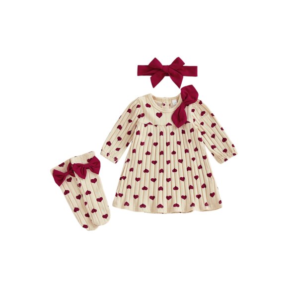 BemeyourBBs Newborn Baby Girls Valentines Day Outfit Valentine Heart Dress Cute Long Sleeve Dress with Stockings Headband Infant Spring Clothes
