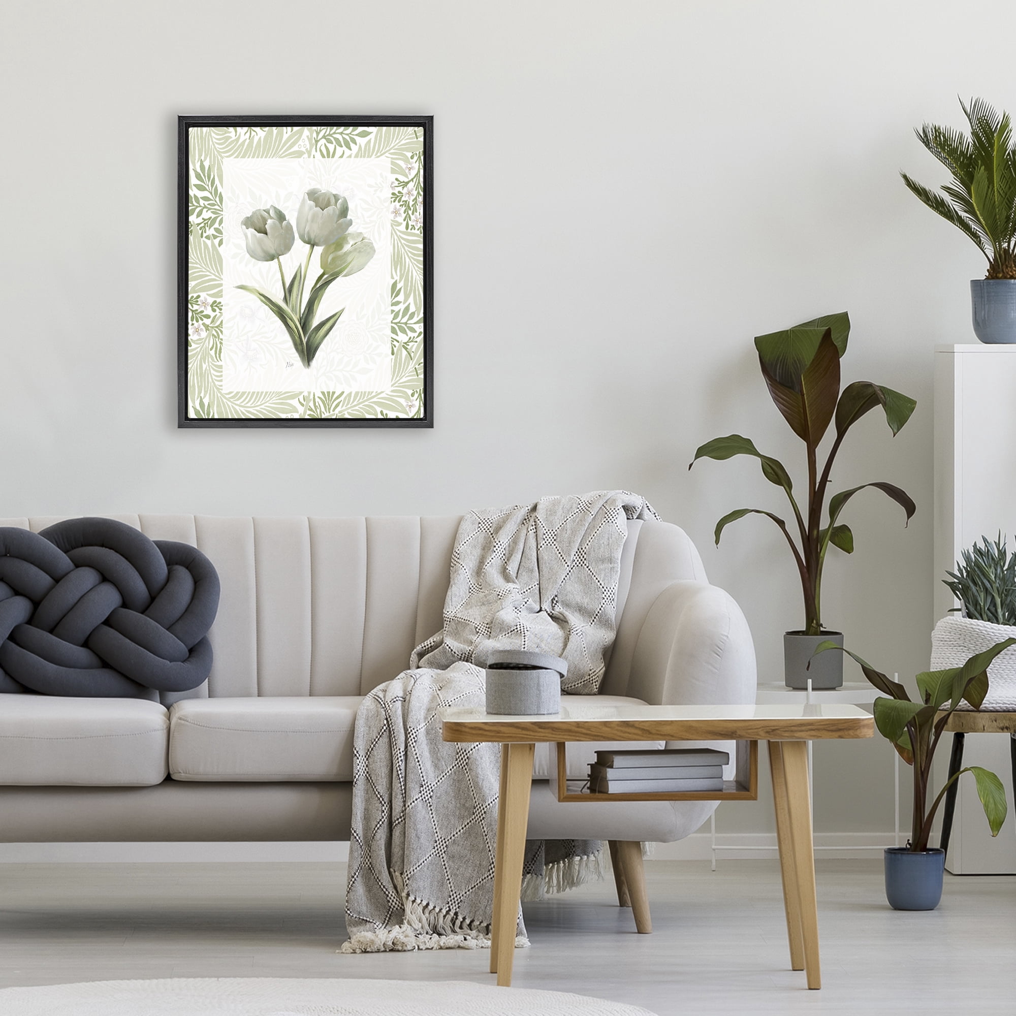 Stupell Industries Pale Green Tulip Trio Black Framed Floater Canvas Wall Art, design by Nan