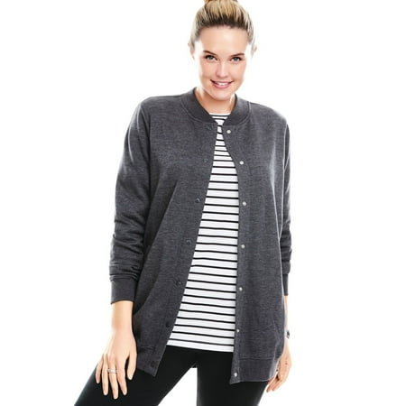 Woman Within Women's Plus Size Fleece Baseball Jacket Color: Heather Charcoal Size: 3X