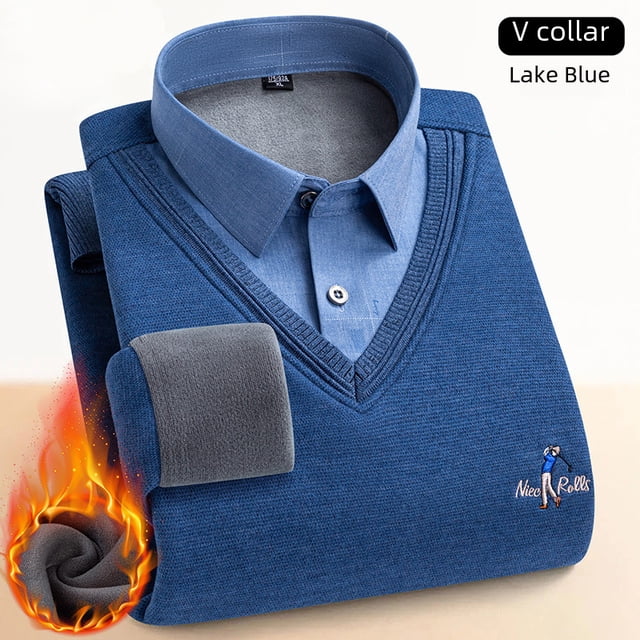 Suéter de lana de invierno para hombre, de dos piezas, grueso, sin costuras, con cuello de camisa, jersey de lana, cálido, de punto