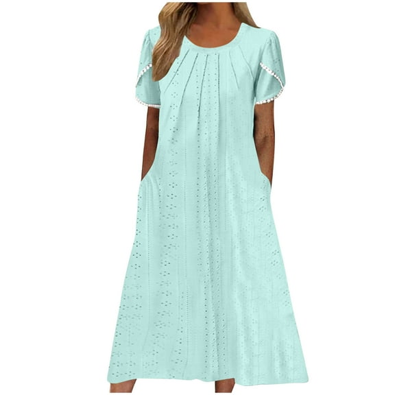Ecqkame Plus Size Summer Dresses Loose Casual Solid Color Short Sleeve Round Neck Flowy Pleated Dresses for Women 2024 Light Blue M