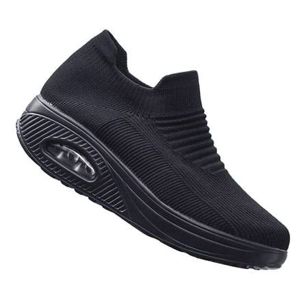 

CYMMPU Women s Wedges Shoes Round Toe Air Cushion Bottom Flying Knit Single Shoes European And Beautiful Women Shoes