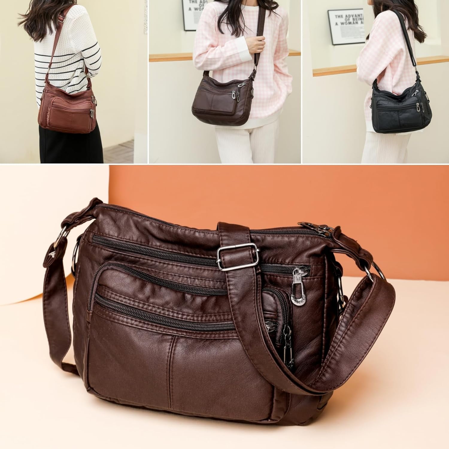 Tote Shoulder Handbags for Women, Soft Leather Crossbody Adjustable Handle Purse with Zip Closure for Shopping Travel