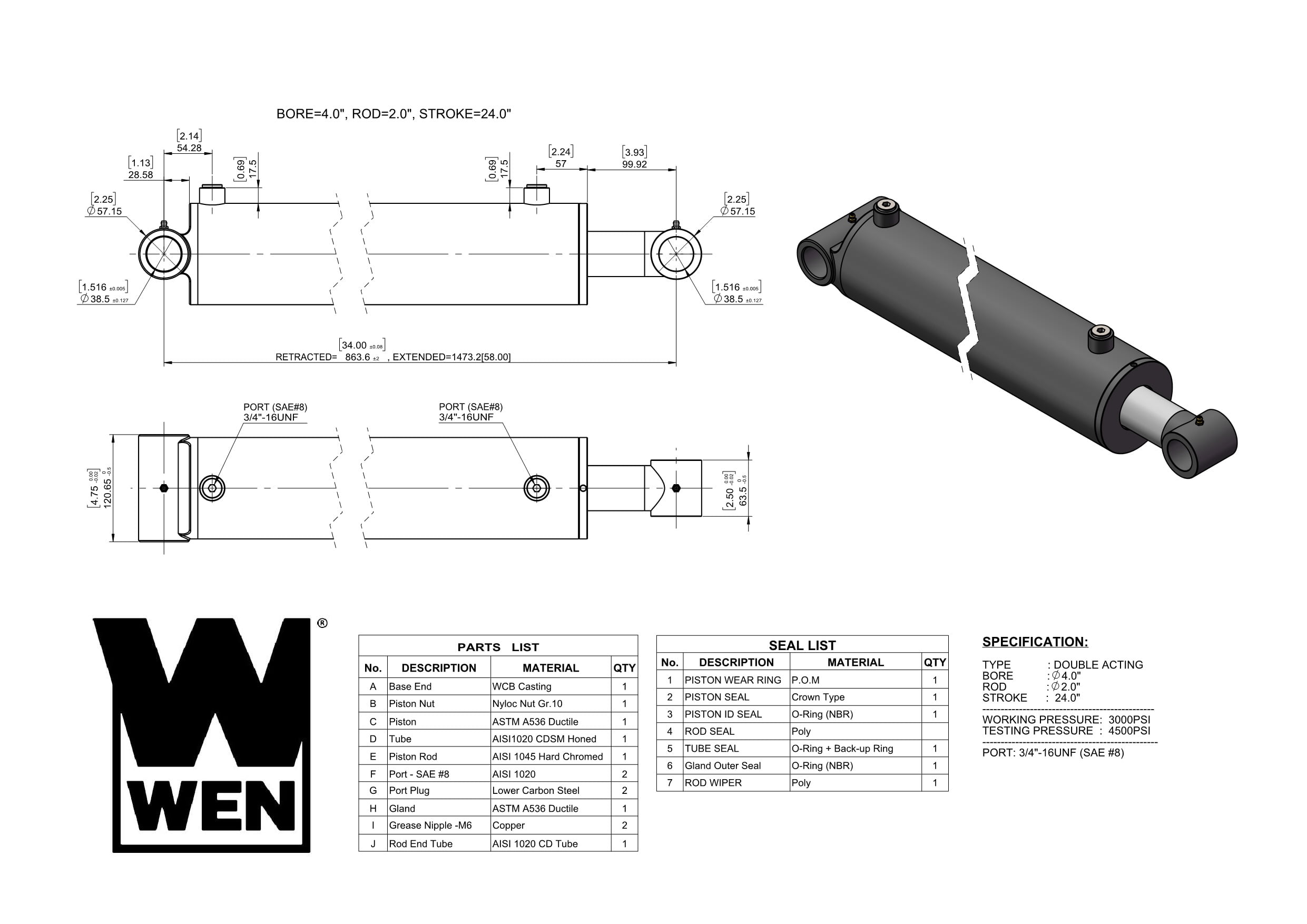 WEN Cross Tube Hydraulic Cylinder with 4-inch Bore and 24-inch Stroke