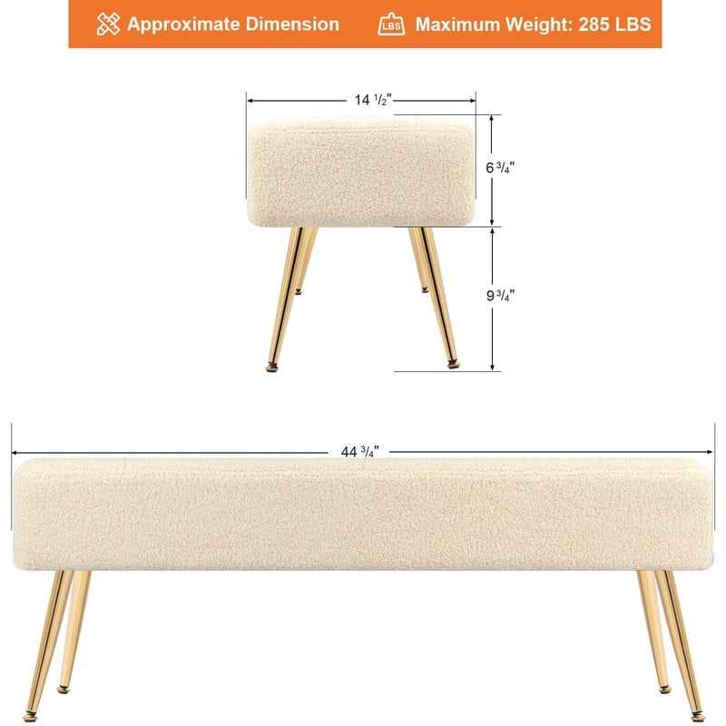 Modern Upholstered Bedroom Bench, 44.75" Tufted Ottoman Bench with Gold Metal Legs, End of Bed Bench, Entryway Shoe Bench, Narrow Space Accent Seating, 285 lbs Capacity, Sherpa,White