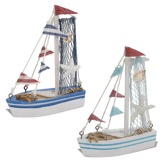 CoTa Global Blue Mist Mini Sailboats Decor Set - Handcrafted Wooden Boats, Model Sailboats Decor, Cute Beach Themed Home Decorations, Mini Boats with Beach Shells for Bedroom - 4.9 Inches - Set of 2