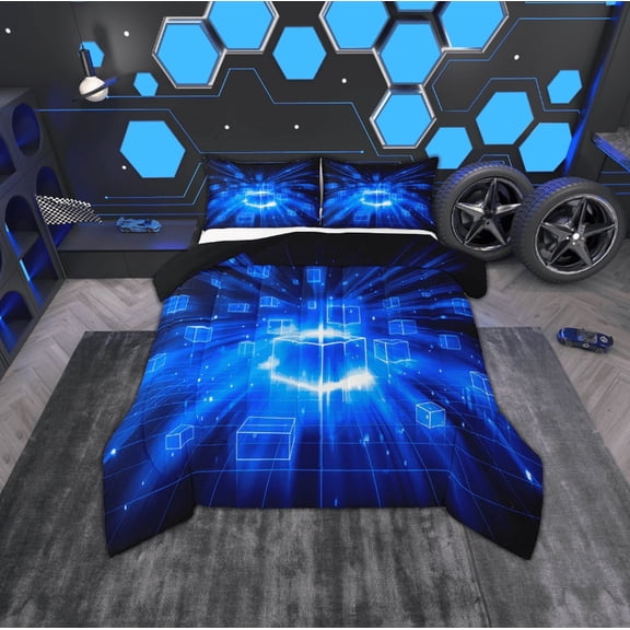 Erosebridal Geometric Buffalo Bedding Twin Comforter Set,Black Blue Down Comforter,Futuristic Cubes Bedding Sets Twin With Comforter,Microfiber Plaid Room Decoration,Reversible,2-Piece