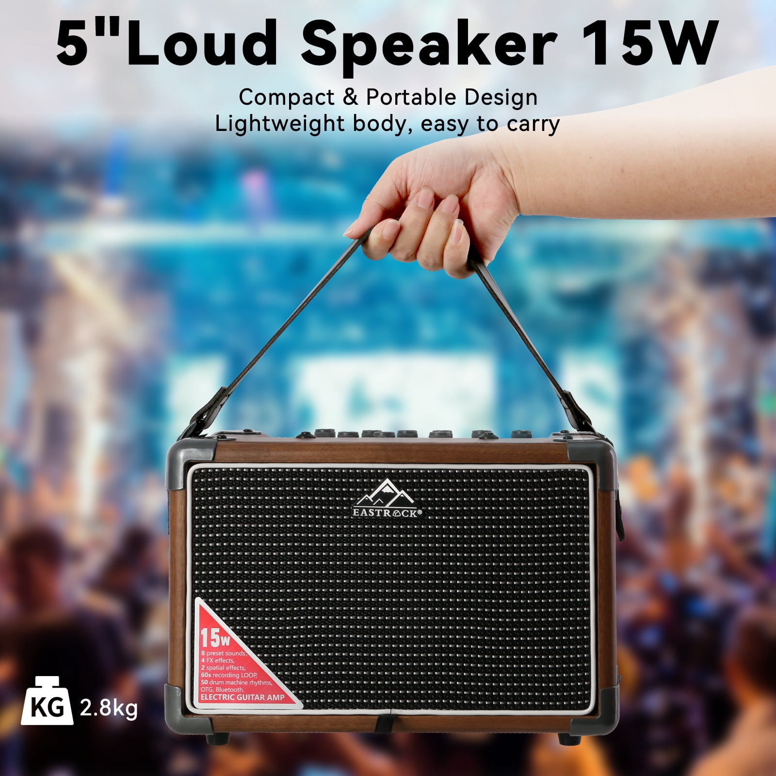 EASTROCK 15W Electric Guitar Amp, EGA-15W Portable Guitar Amplifier with Bluetooth,8 Voices, FX Effects,Built-in Looper & Drum Machine Speaker, AUX/OTG/Headphone Wood