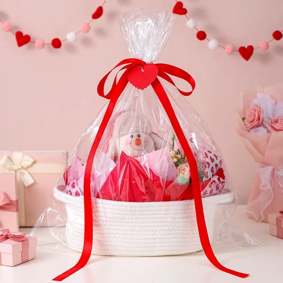 Valentine's Day Gift Basket Small Woven Basket with Gift Bags Tissue Paper Label and Ribbons Clear Cellophane Bags Tags for Valentines Day Holiday Birthday Party Supplies(Red,Valentine's Day)