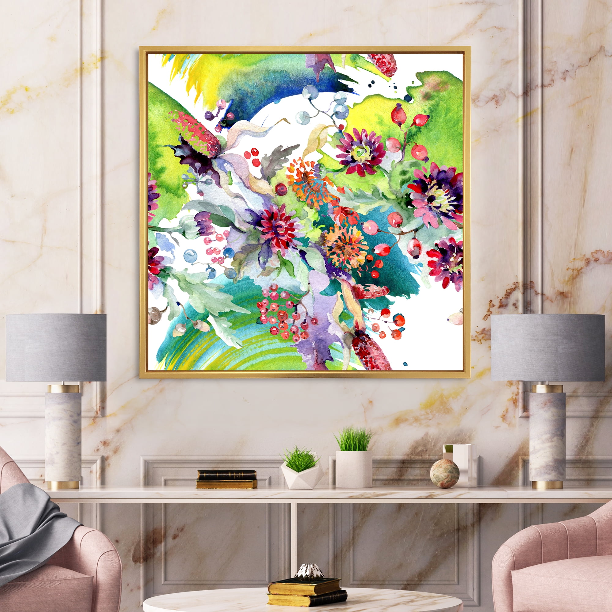 Designart 'Wildflowers and Vibrant Wild Spring Leaves X' Modern Framed Canvas Wall Art Print