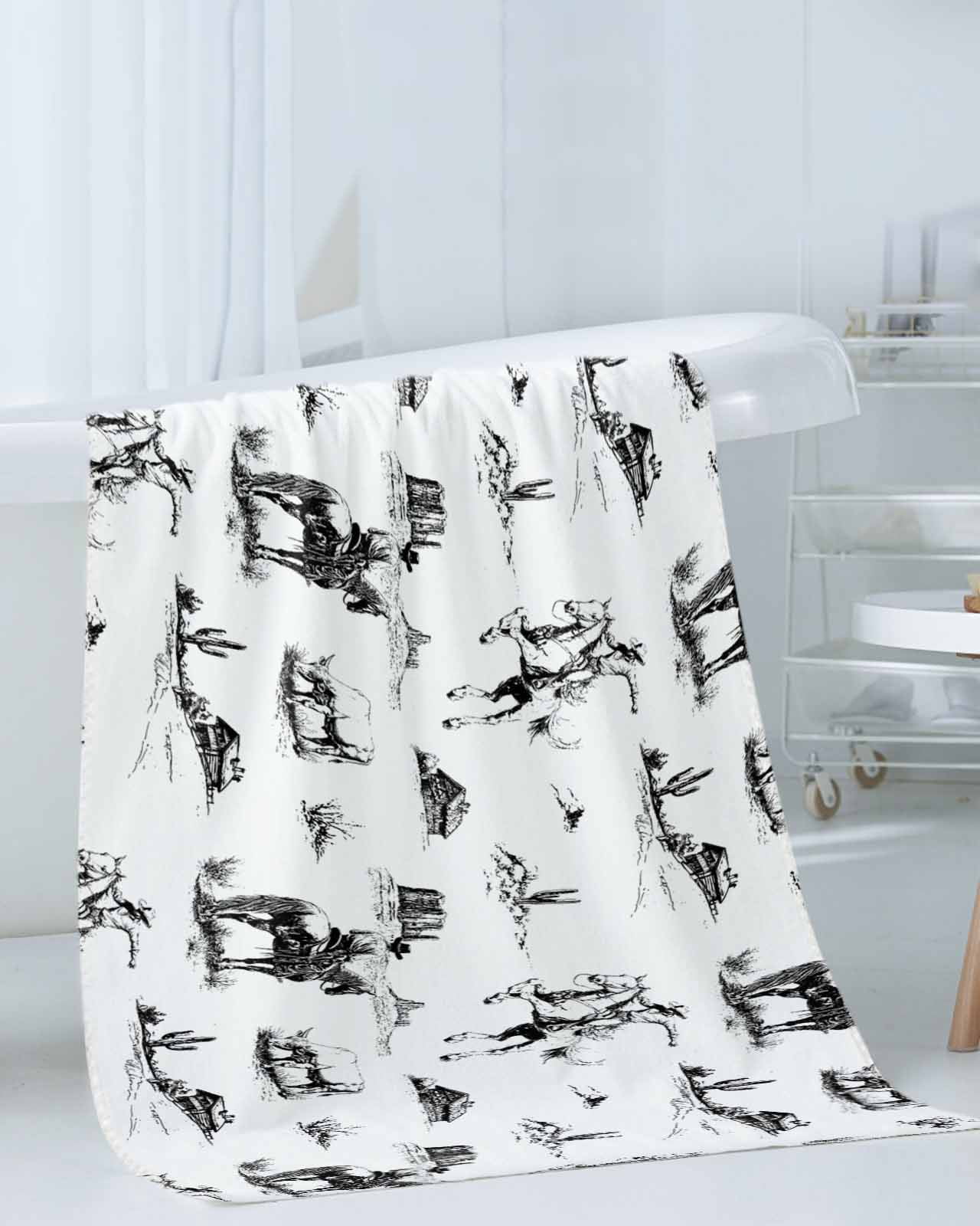 Black Western Cowboy Bath Towels for Bathroom Set,Luxury Microfiber Towels Gifts for Women,Beach Kitchen Hand Hair Face Towel and Dish Washcloth,Vintage Horse Cactus Ethnic Art Towels+Set