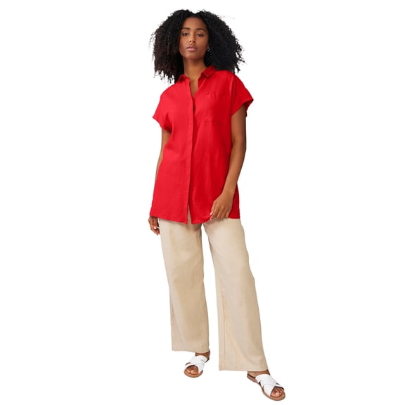 Ellos Plus Size Linen-Blend Button-Front Short Sleeve Collared Tunic