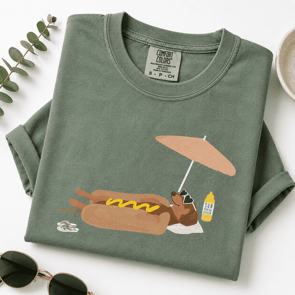 Dachshund Mom Comfort Colors Shirt, Hotdog Beach Vacation Tee, Cute Funny Weiner Dog Summer Gift, Boho Minimalist, Unisex