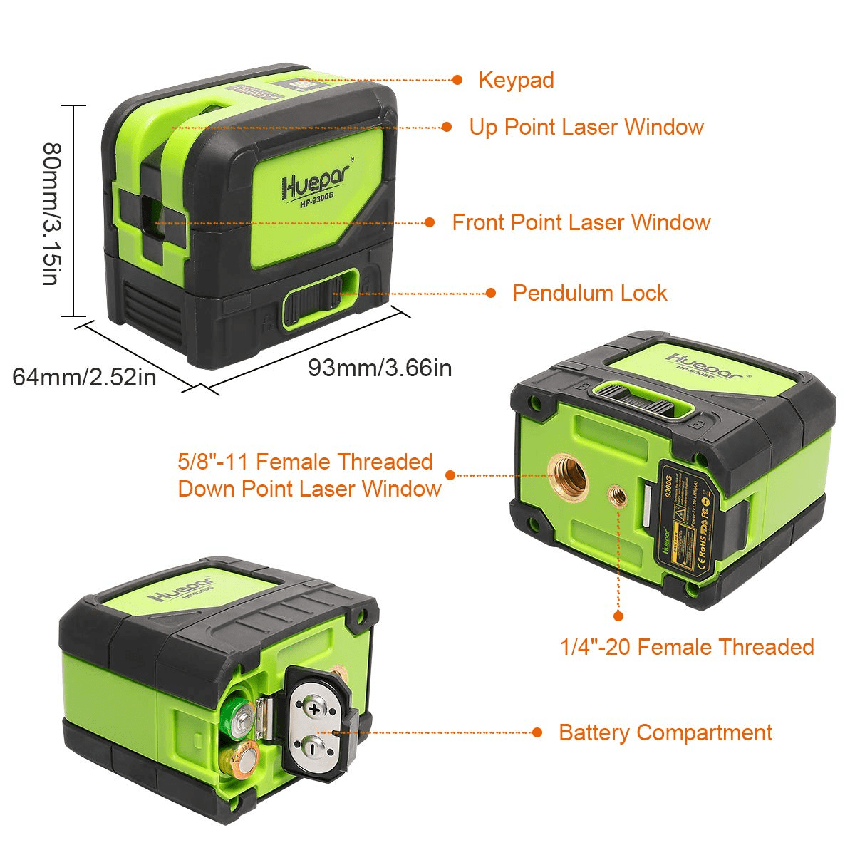 Huepar Green 3 Point Laser Level Self-leveling Laser Level Tools with 3 Plumb Spots for Soldering and Points Reference Positioning