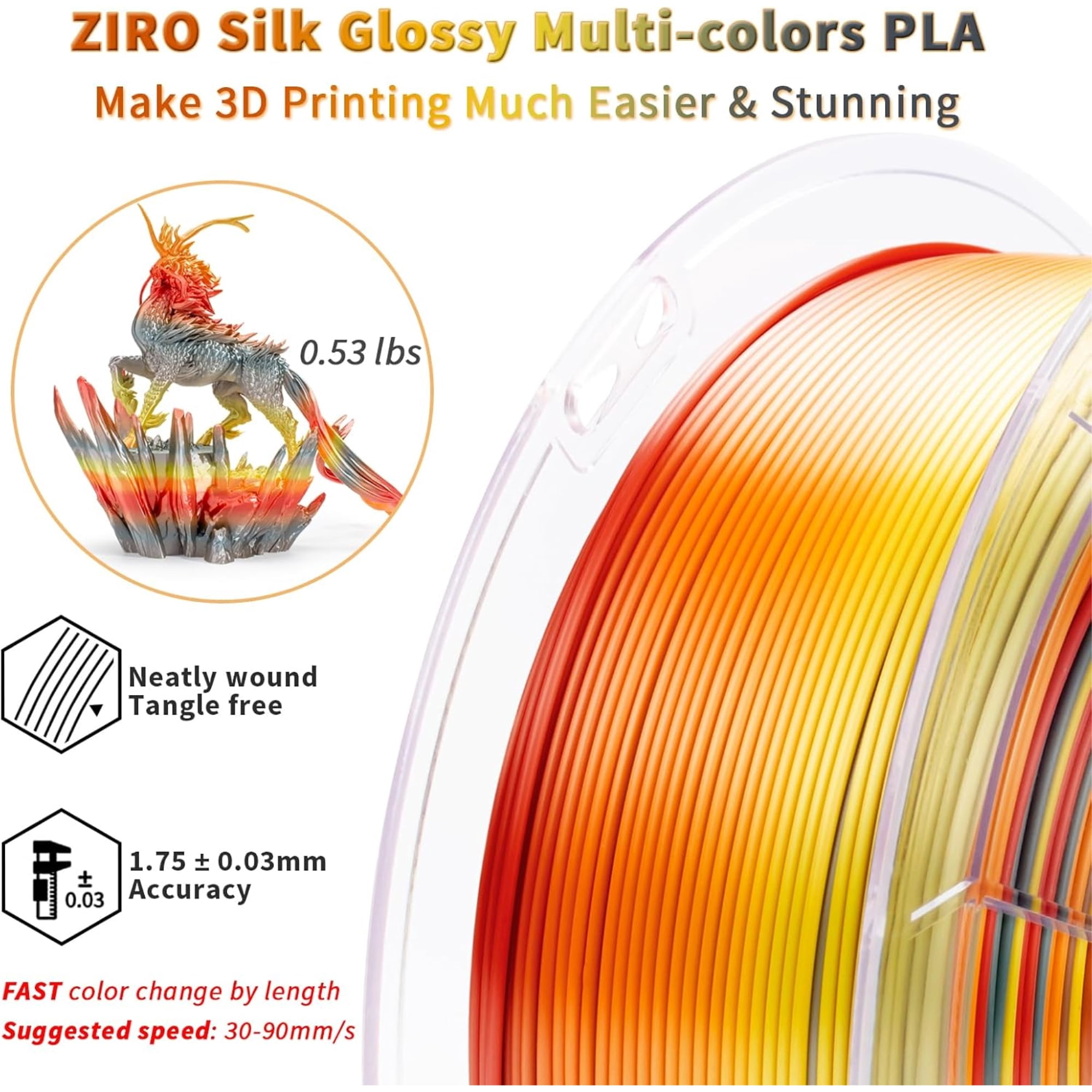 Ziro 3D Gradient Silk PLA Filament 1.75mm 1kg, Chroma Ribbon