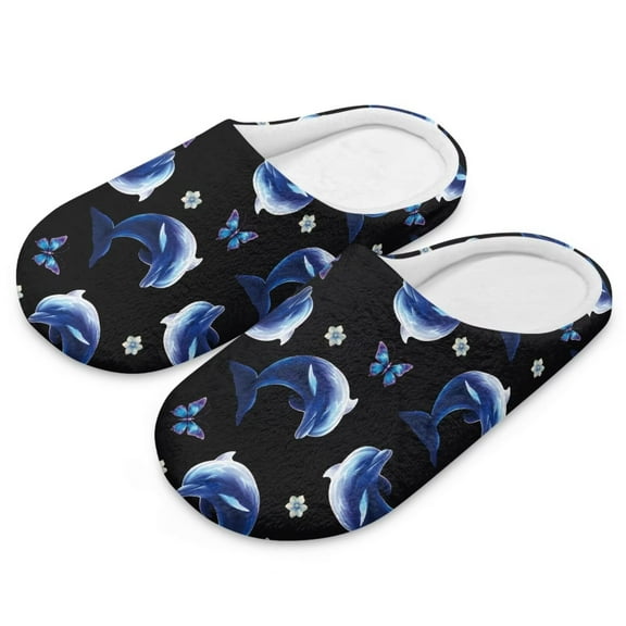 POLERO Blue Dolphins Print Indoor Slippers for Women Lightweight House Bedroom Closed Toe Warm Slipper Shoes Trendy Gift Slippers, Size 4.5-5.5