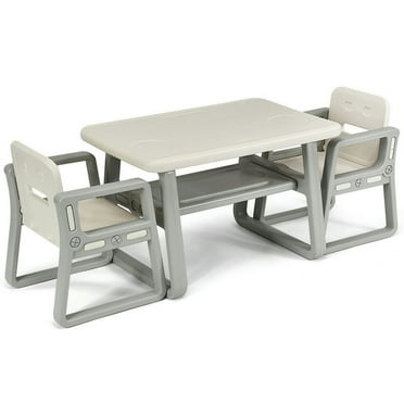 Resenkos Kids Table and 2 Chairs Set with Storage Shelf-White, Small Folding Table for Arts & Crafts, Snack Time, Homeschooling, Homework