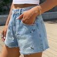 thumbnail image 5 of ZVNAΖH Women's Petite High Waist Denim Shorts, Floral Embroidered Frayed Hem Pocket Shorts for Spring Summer, 5 of 8