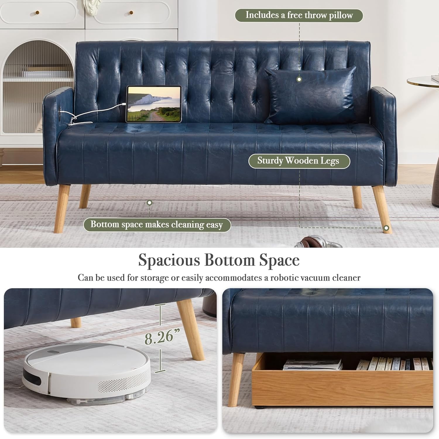 LAZZO 57" Loveseat Sofa, Faux Leather Tufted Couch with USB Ports and Side Pockets, Blue
