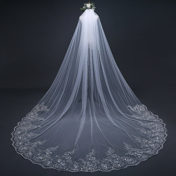 Velo de novia de encaje de flores de catedral de 1 nivel para mujer con peine de metal, velo de novia largo velo de catedral velos de novia de tul suave con peine (blanco)
