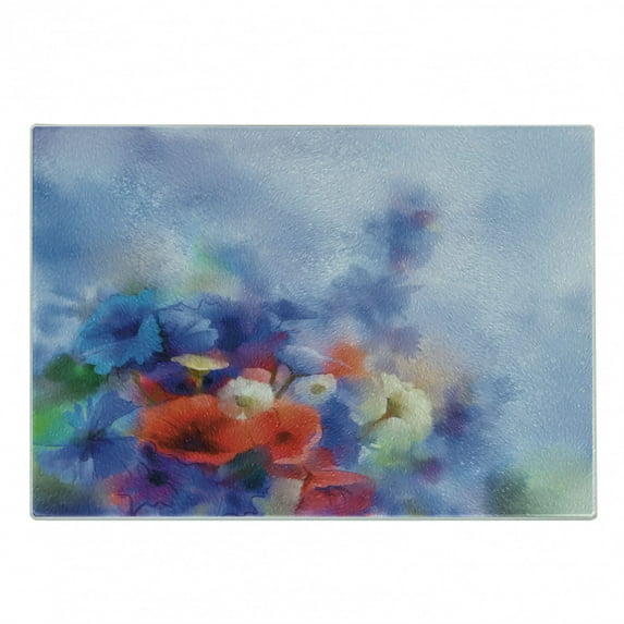 Flower Cutting Board, Paint of Nature Elements Botanic Floral Motives Artisan Depition of Natural Life, Decorative Tempered Glass Cutting and Serving Board, Small Size, Red Blue, by Ambesonne