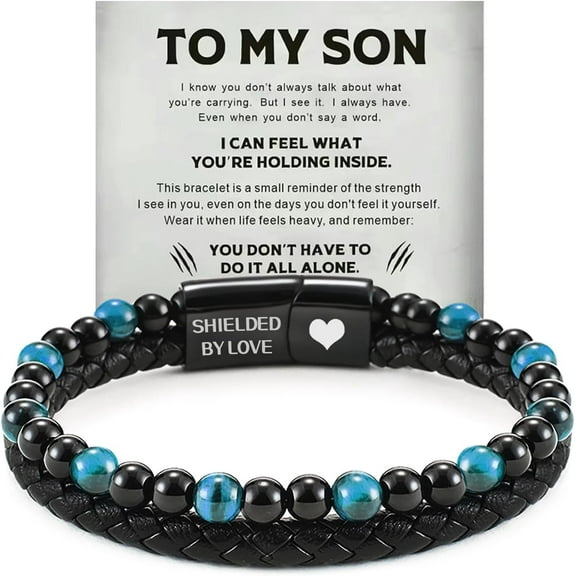 Son's Tiger Eye Protection Bracelet for Men, To My Son Bracelet from Mom Leather Black Beaded Bracelet, Handmade Cuff Inspirational Jewelry for Gift for Christmas Birthday