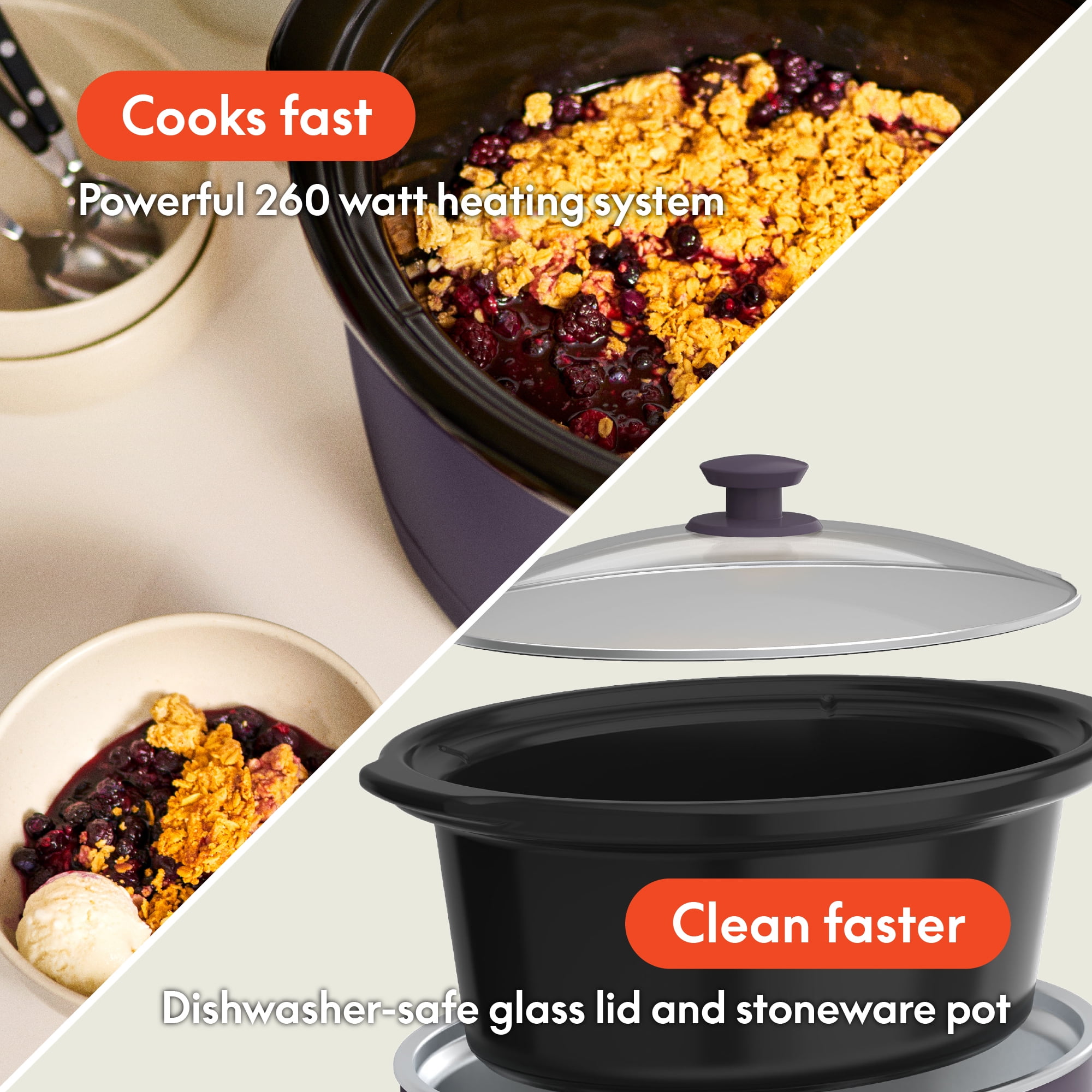 bella 6 Qt Manual Slow Cooker with 3 Temperature Settings, Ceramic Nonstick Coating, Dishwasher Safe Stoneware Pot & Tempered Glass Lid, Plum