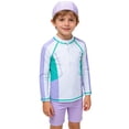 thumbnail image 2 of Tfken Boys Kids Swimsuit Set Outfits For Summer Cute 3 Piece Long Sleeve Tops And Swim Trunks With Hats Set Zipper Beach Swimwear Teen Comfortable Bathing Suits Size 8-9 Years Purple, 2 of 9