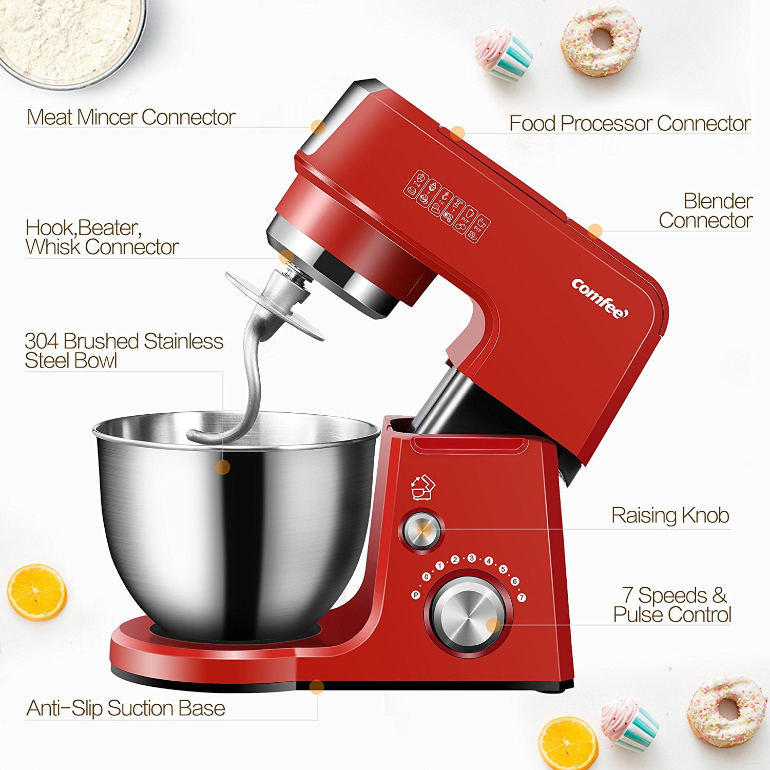Comfee 2.6Qt Die Cast 7-In-1 Multi Function Tilt-Head Stand Mixer With SUS  Mixing Bowl, Whisk, Hook, Beater, Splash Guard.4 Outlets, 7 Speeds u0026 Pulse,  15 Minutes Timer Planetary Mixer (Red) - Walmart.com