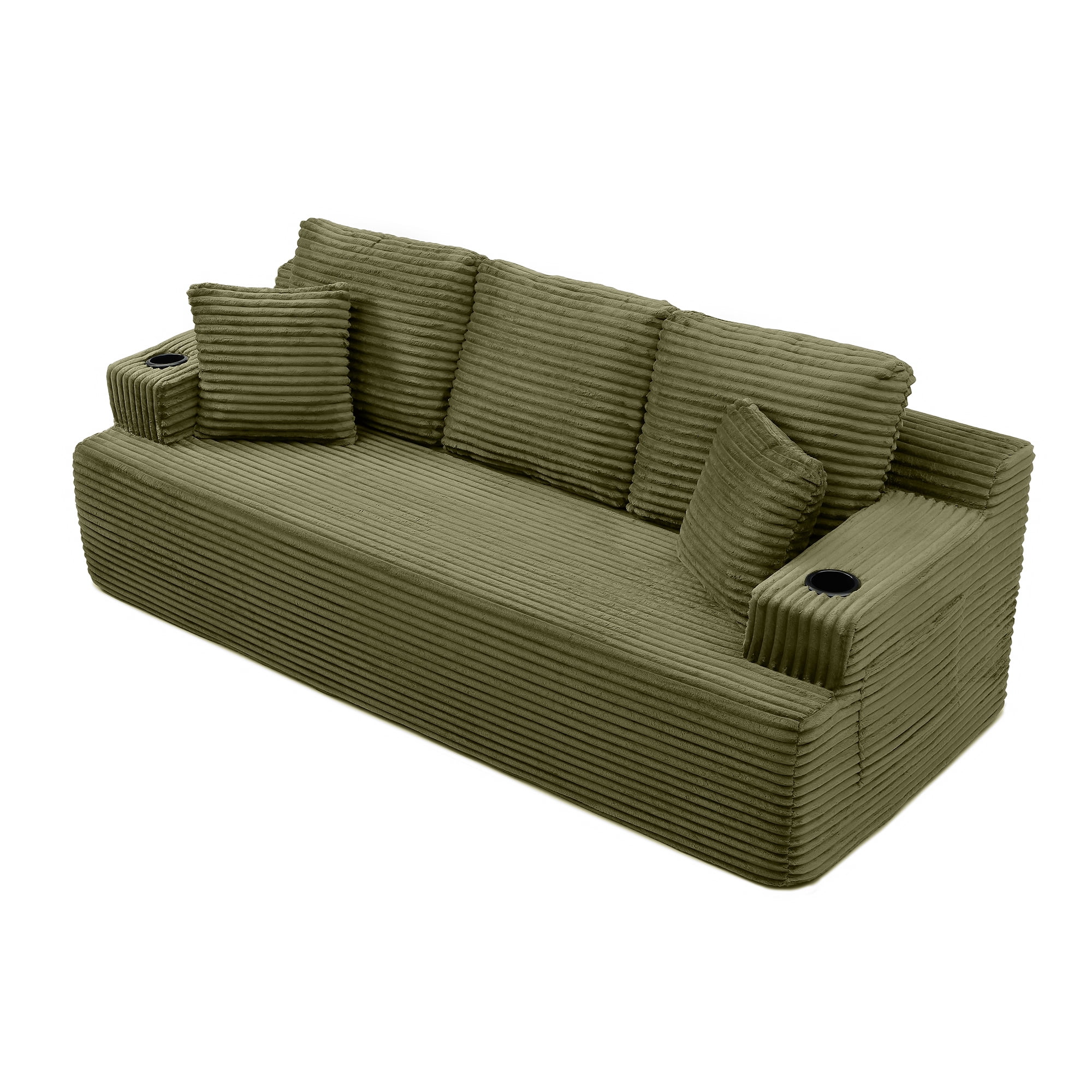 Boneless Sofa, 3-Seater Floor Couch with Cup Holders and Side Pockets, Corduroy Fabric No Assembly Sofa for Living Room or Dorm, 86.2 Inch, Green