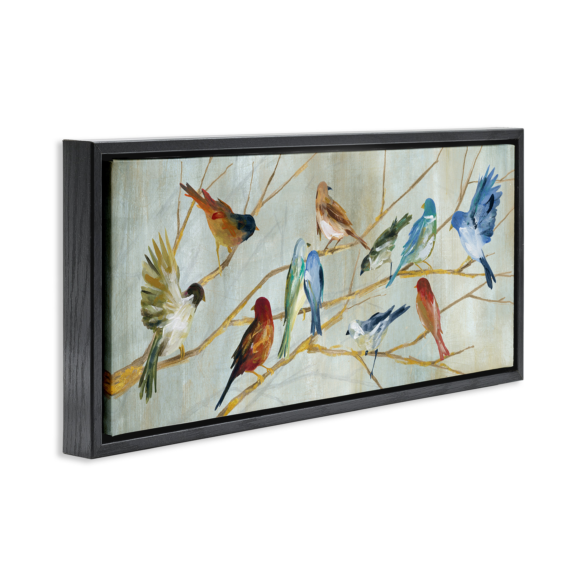 Stupell Industries Birds Resting Autumn Branches Animals & Insects Painting Black Floater Framed Canvas Art Print Wall Art, 31 x 14