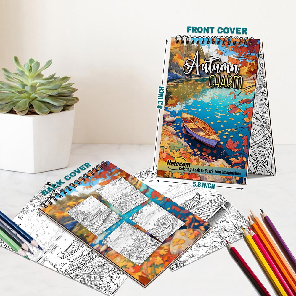 Netecom Autumn Charm Coloring Book Spiral Bound for Adults, A5 Wooden Cover, 30 Charming Coloring Pages of Fall Scenes for Stress Relief and Relaxation
