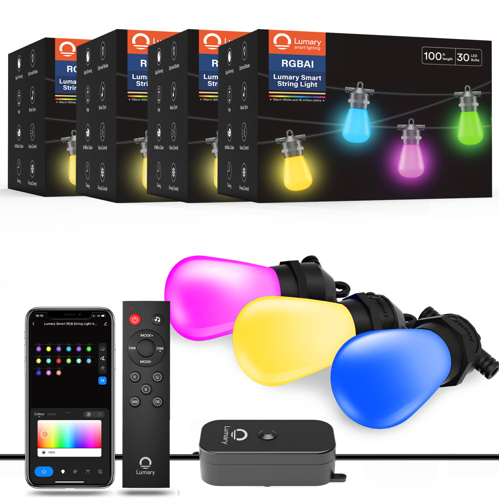 Lumary 100FT Smart Outdoor String Lights RGBAI Color Changing Patio