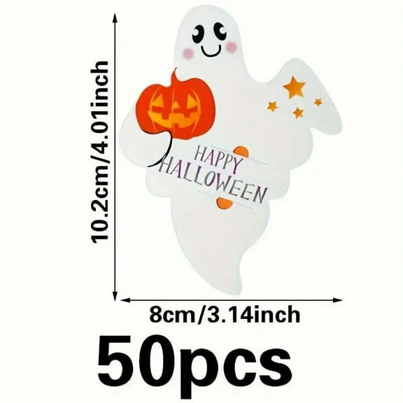 Coollooc 50Pcs Halloween Candy Decoration Card Paper Ghost Lollipop Biscuit Holder Cards Halloween Party Home Diy Decoration Supplies, white
