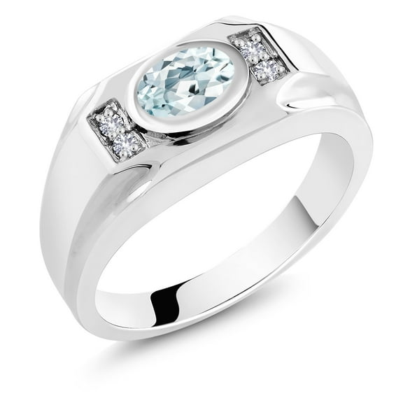 Gem Stone King 1.26 Cttw Sky Blue Aquamarine and White Created Sapphire Ring for Men | 925 Sterling Silver | Gemstone March Birthstone | Oval 8X6MM | (Size 11)