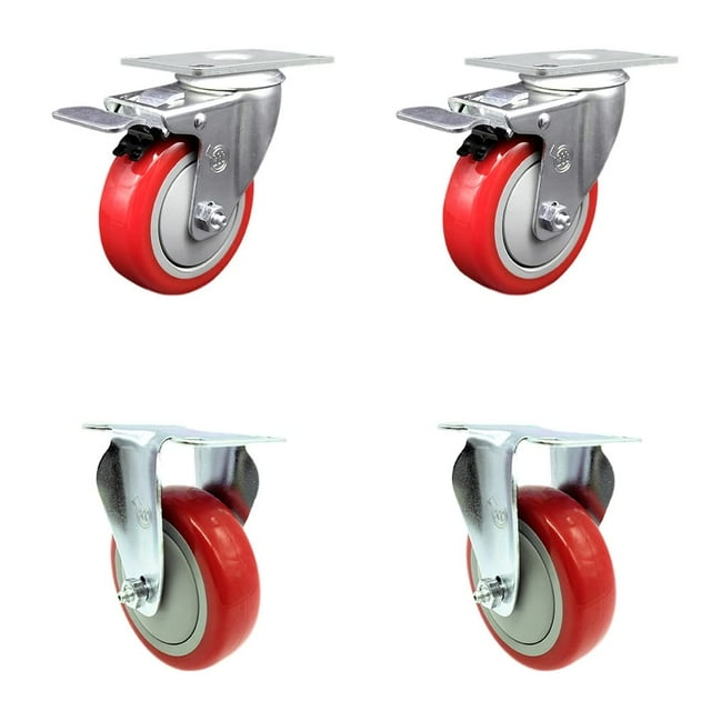 Polyurethane Swivel Top Plate Caster Set of 4 with 4 Inch Red Wheels - Includes 2 Swivel with Total Locking Brakes and 2 Rigid - 1400 lbs. Total Capacity - Service Caster Brand