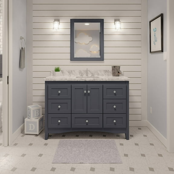 KBC Abbey 48" Solid Wood Bathroom Vanity w/ Carrara Stone in Marine Gray