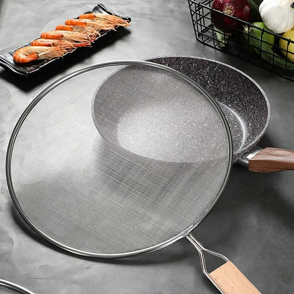 Bakeware 2 Frying Pan Splatter Guard for Kitchen Use | Mesh Splatter Screen Cover with Wood Handle | Oil Proof Shield for Frying Pan