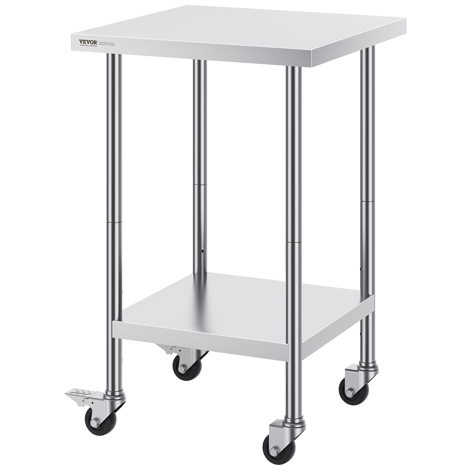 VEVOR Stainless Steel Work Table 24 x 24 x 38 Inch, 700 LBS Load Capacity with 4 Wheels, 3 Adjustable Height Levels, Heavy Duty Food Prep Worktable for Commercial Kitchen Restaurant, Silver